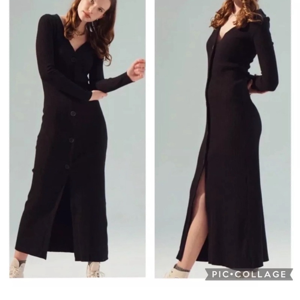 For Days Fordays Organic Cotton Black Ribbed Button Front Midi Dress Medium EUC